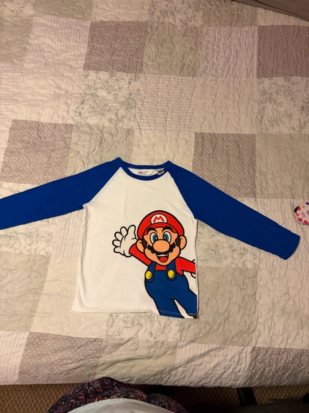H&M Kids White & Blue Mario Graphic Raglan Long Sleeve Shirt